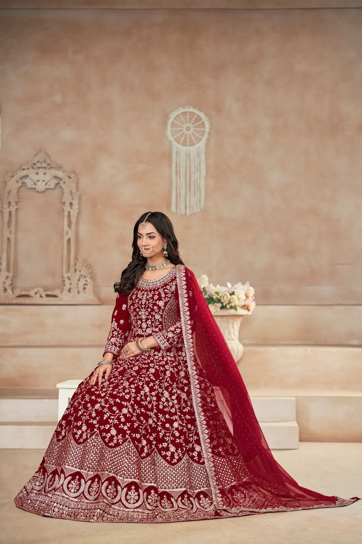 Red Velvet Thread & Sequence Embroidery Work Gown - qivii