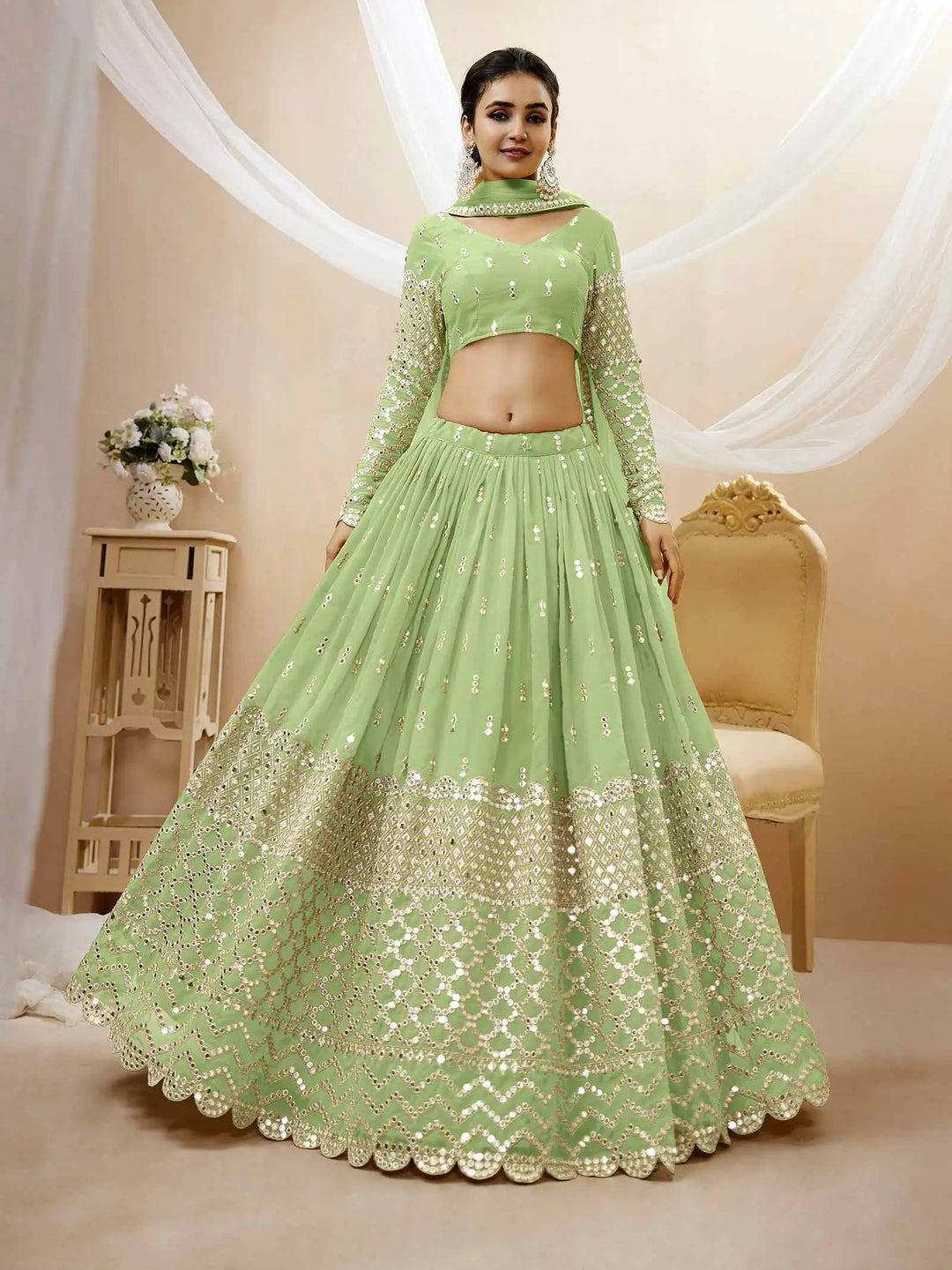 Pista Georgette Lehenga  With Sequence Embroidery Work With Soft Net Dupatta | Ready To Wear - qivii