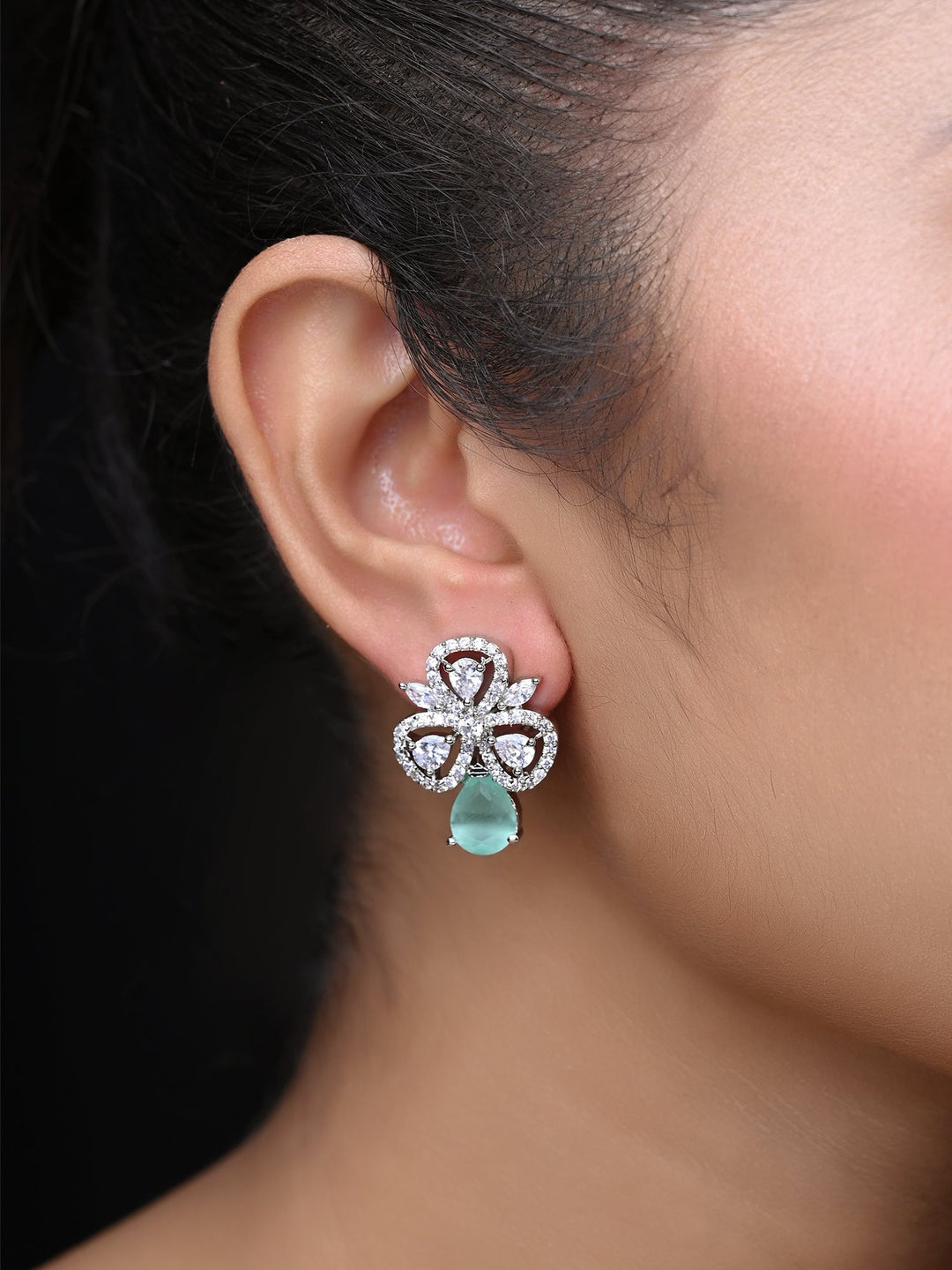 Trendy Mint Green Aqua Stone American Diamond Tops with Silver Plated Brass Metal