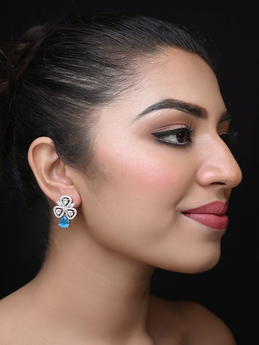 Trendy American Diamond Tops with Semi Precious Sky Blue Stone