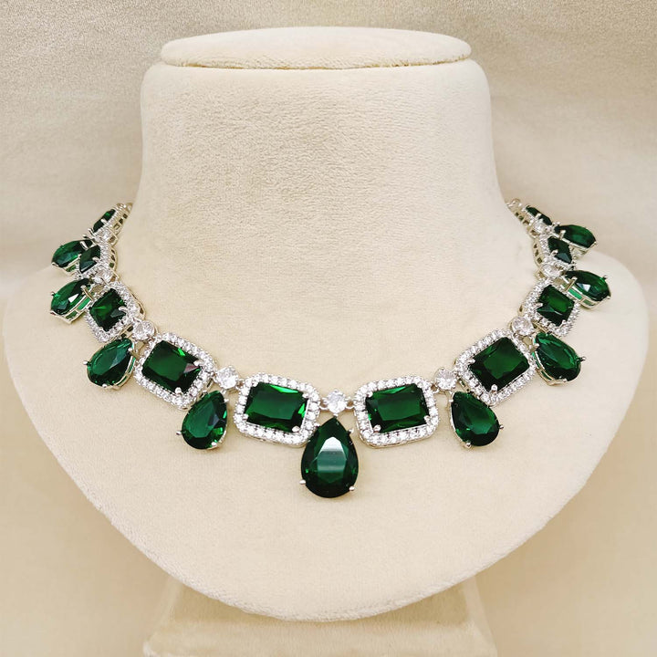  Gorgeous silver plated necklace set with stunning green emerald and diamond accents