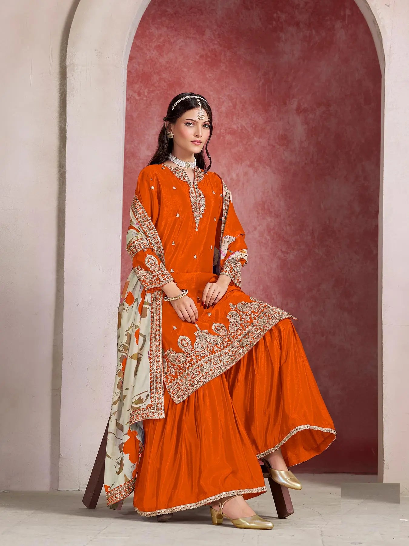 Orange Chinon Silk Sharara Set with Embroidered Top & Taby Silk Dupatta
