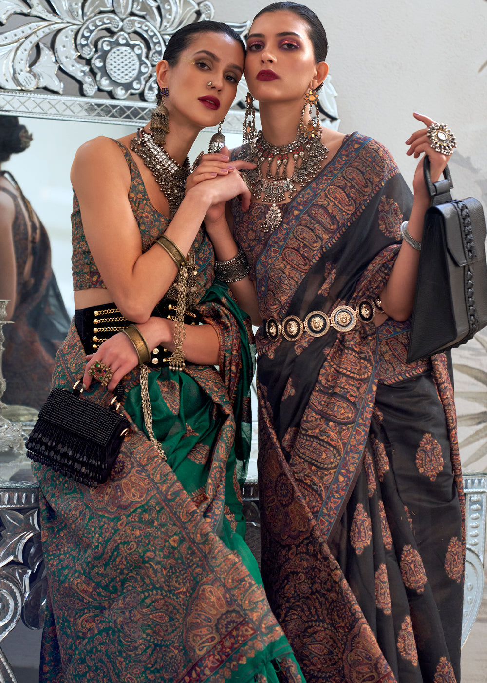 Jade Green Kashmiri Handloom Weaving Silk Saree - qivii