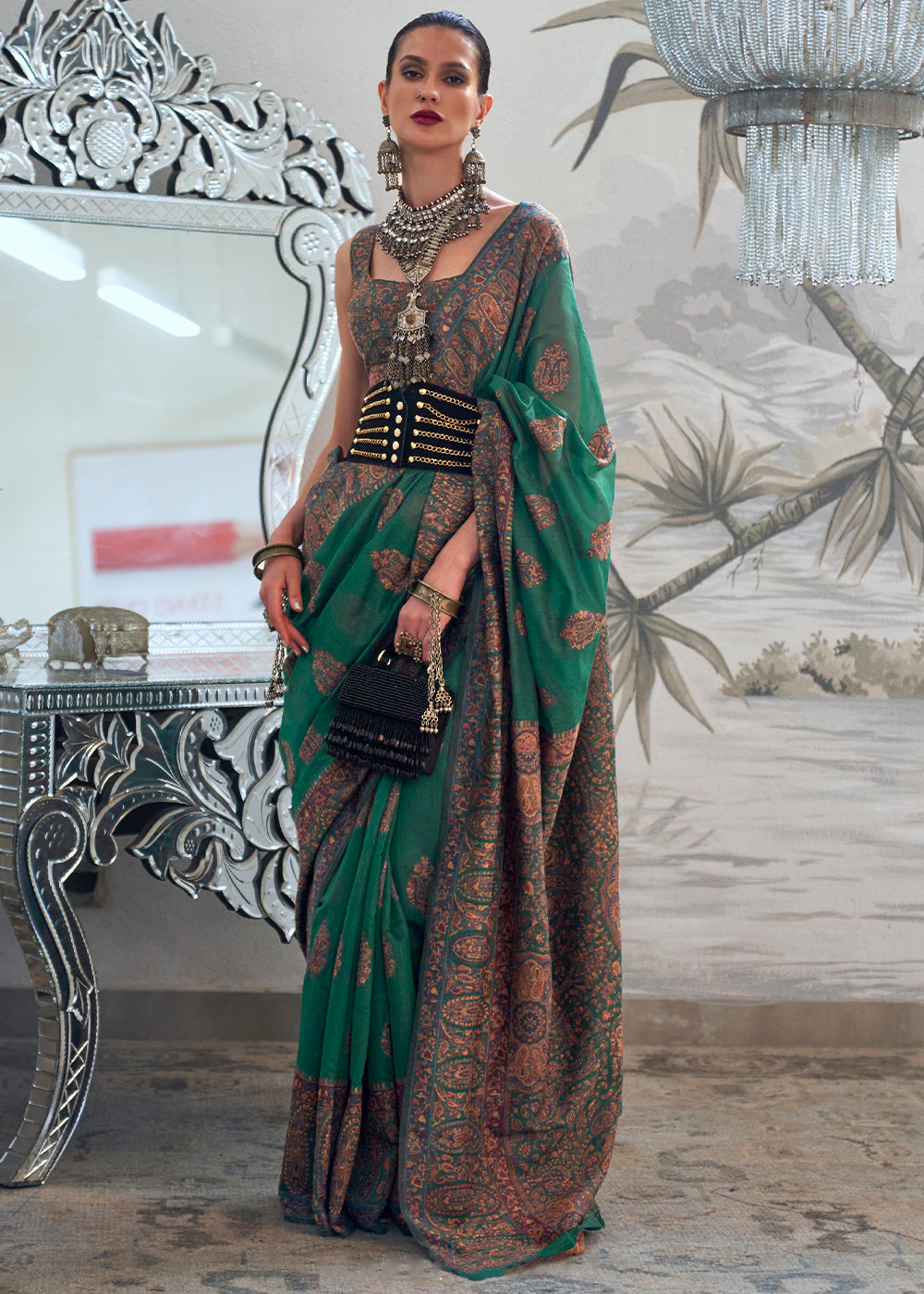 Jade Green Kashmiri Handloom Weaving Silk Saree - qivii