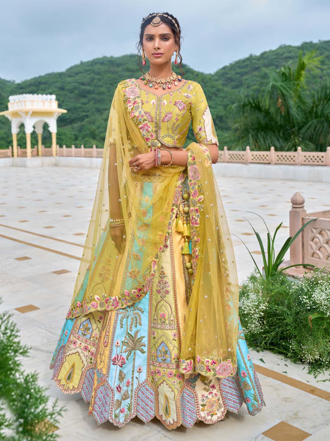 Yellow-Sky Shade Different-Kali Heavy Embroidered Cut-Work Silk Semi Stitched Lehenga Choli - qivii