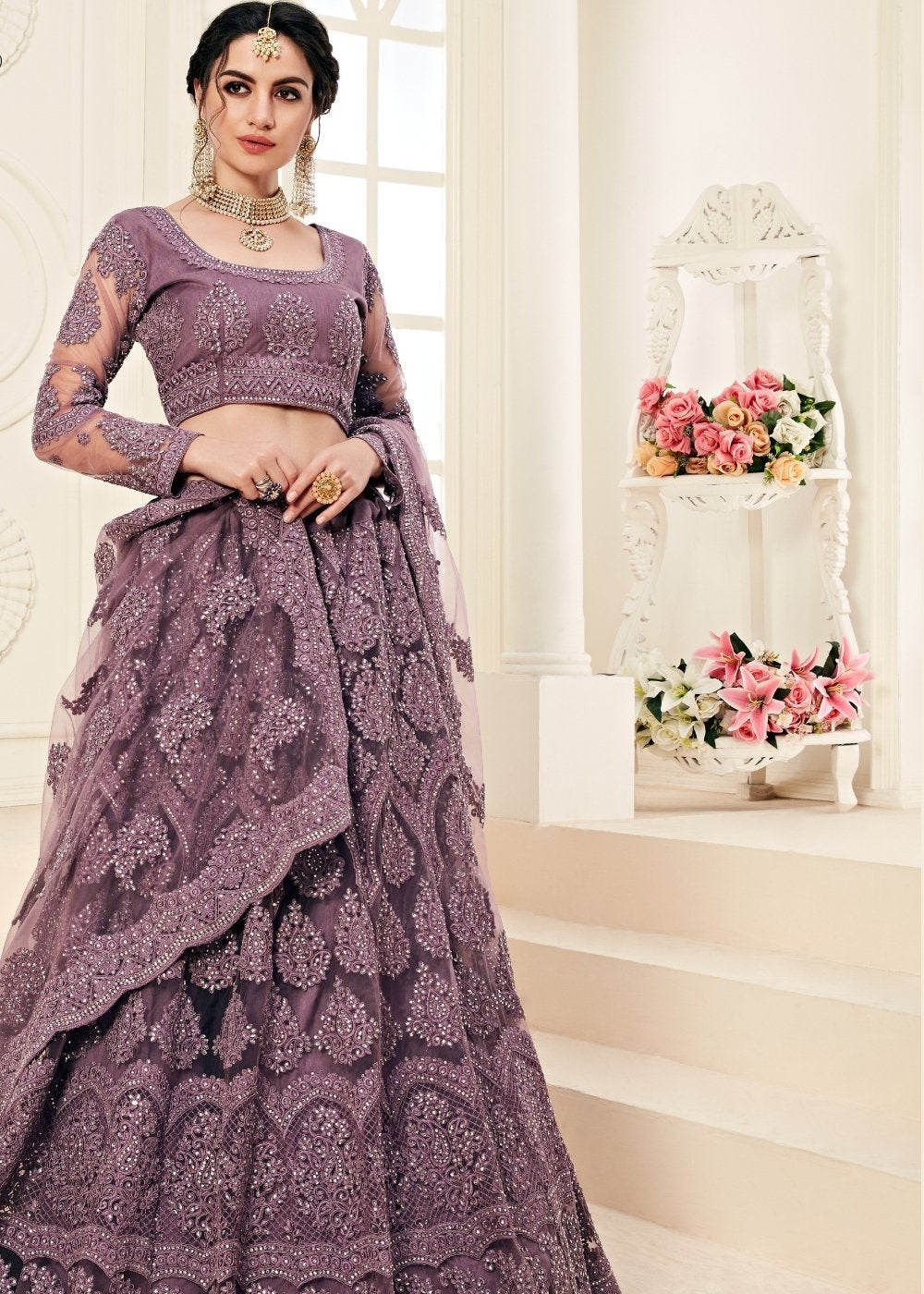 Rain Purple Soft Net Lehenga Choli with Cording Embroidery & Stonework | Ready To Wear - qivii