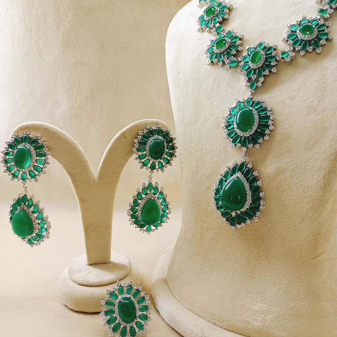 Luxurious Green Emerald And American Diamond Necklace Set With Beautiful Finger Ring