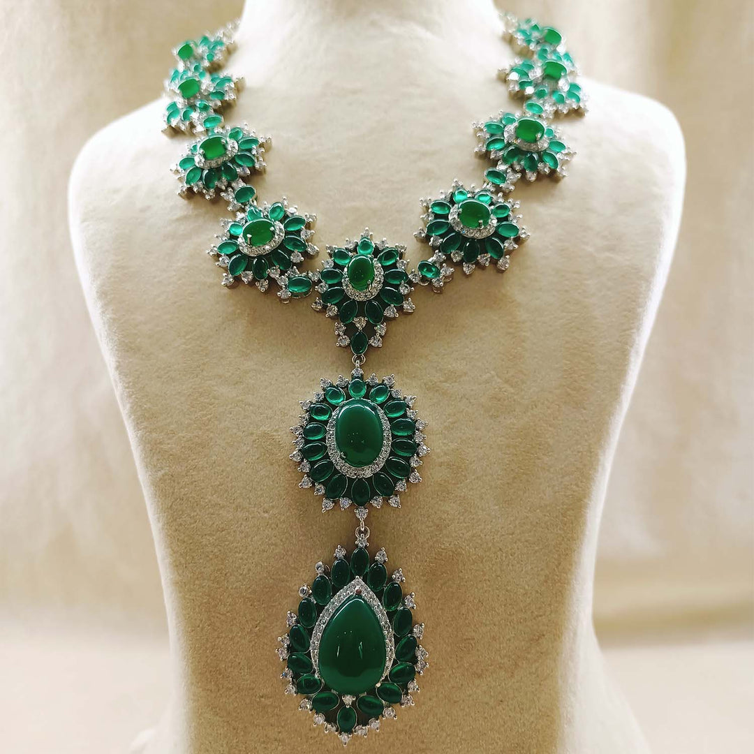 Opulent Green Emerald And American Diamond Necklace With Stunning Danglers
