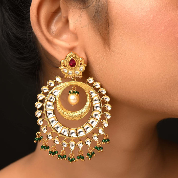Manju Rose Pink & Green Gold Plated Kundan Earrings - qivii