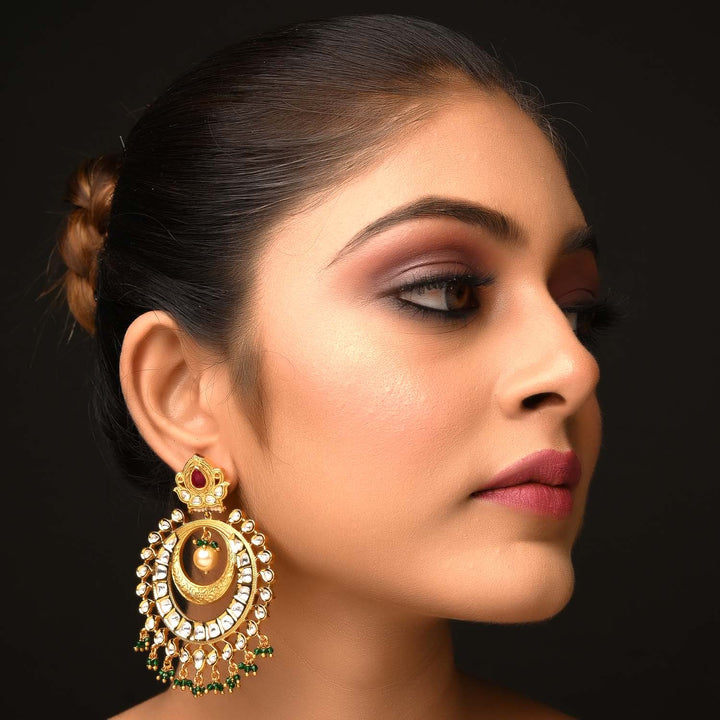 Manju Rose Pink & Green Gold Plated Kundan Earrings - qivii