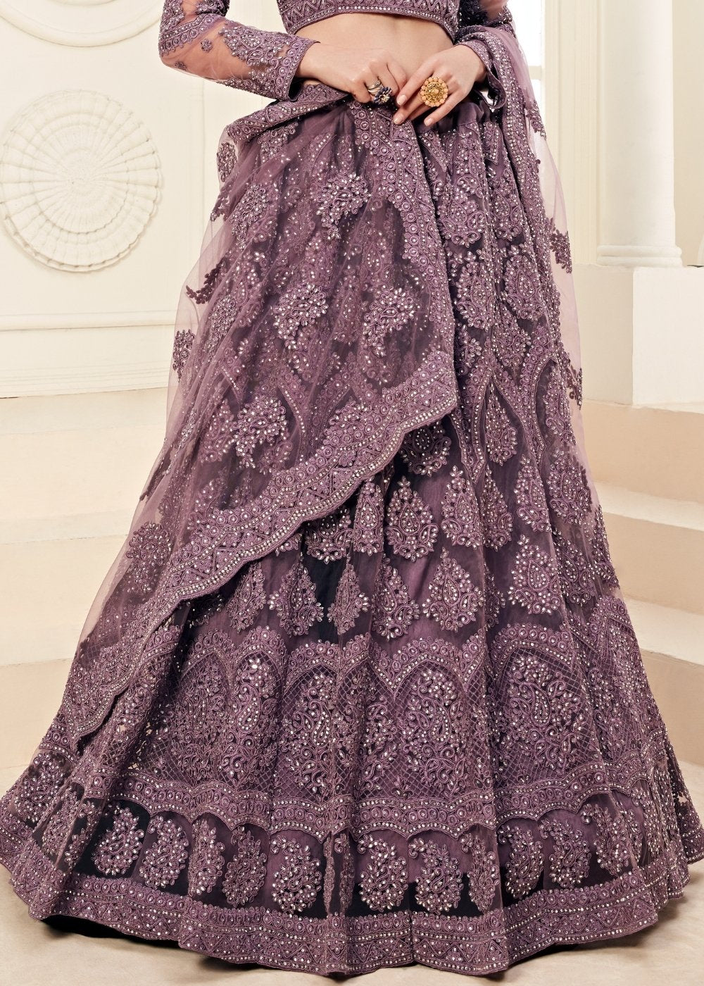 Rain Purple Soft Net Lehenga Choli with Cording Embroidery & Stonework | Ready To Wear - qivii