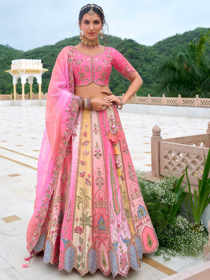 Multi-Color Shade Different-Kali Heavy Embroidered Cut-Work Silk Semi Stitched Lehenga Choli - qivii
