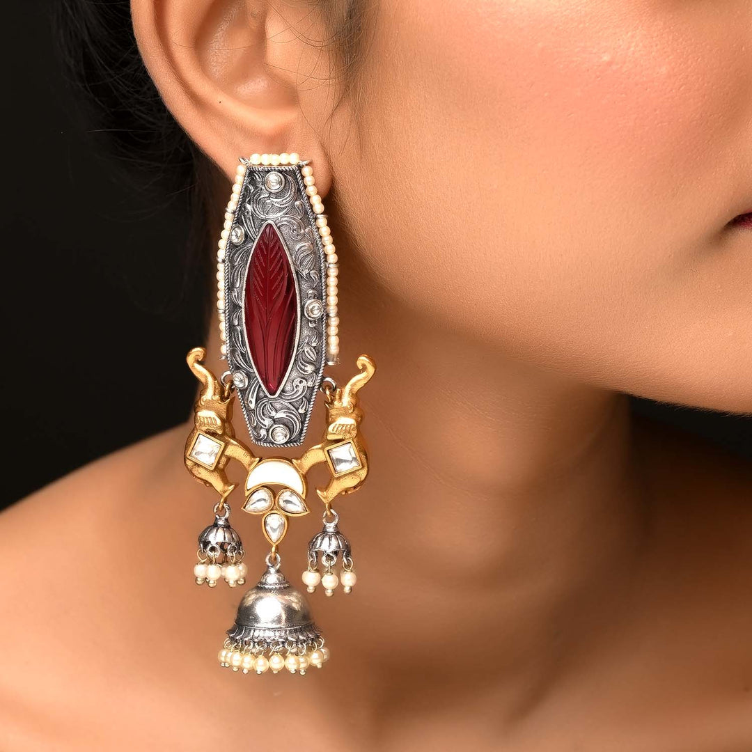 Handcrafted rose pink two tone polish Jhumki earrings by Manushri Boutique