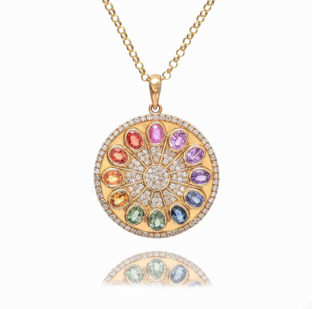 Rainbow Sapphire Oval Diamond Disc Necklace - qivii