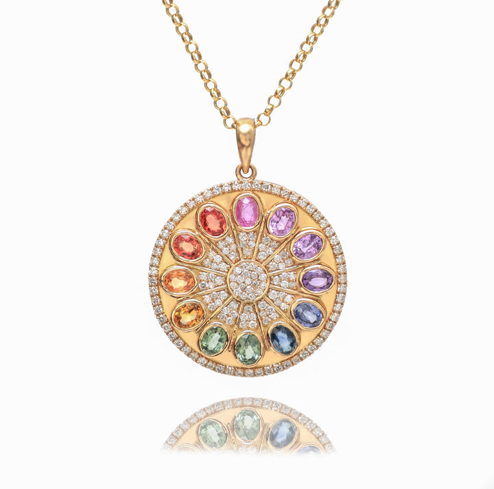 Rainbow Sapphire Oval Diamond Disc Necklace - qivii