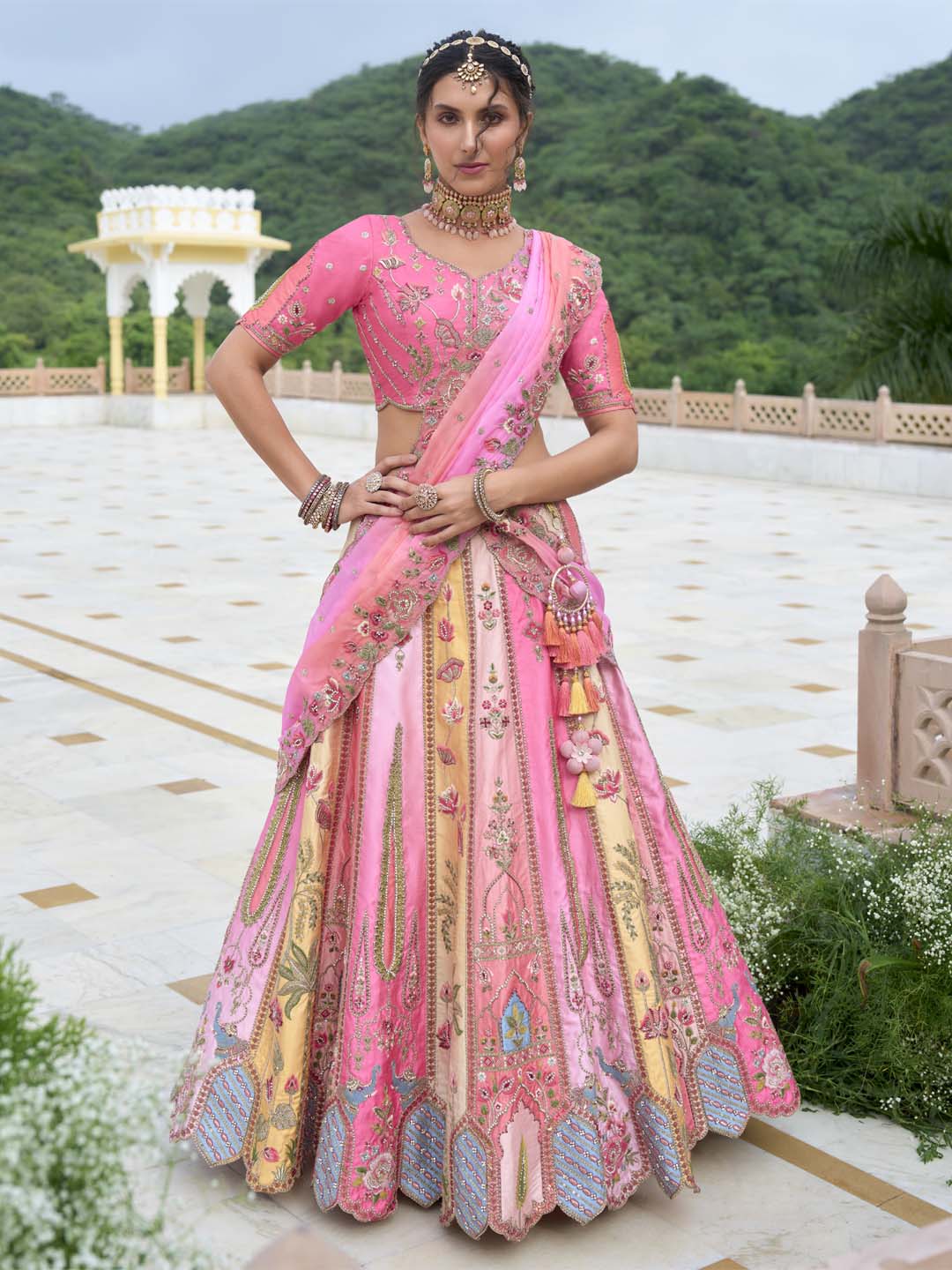 Multi-Color Shade Different-Kali Heavy Embroidered Cut-Work Silk Semi Stitched Lehenga Choli - qivii