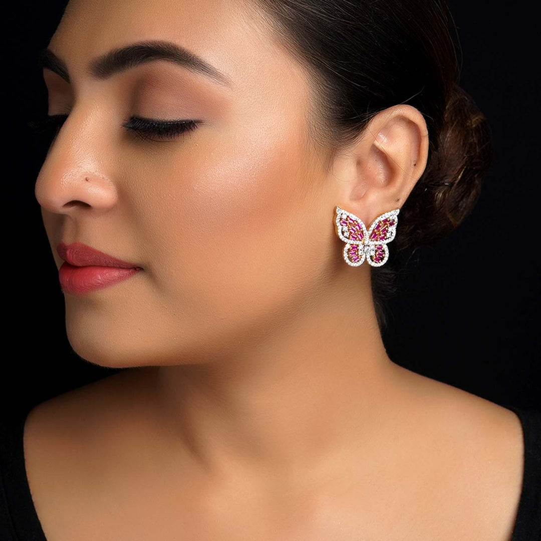 Dia Magenta Diamond Work Gold Plated Tops, elegant and stylish earrings