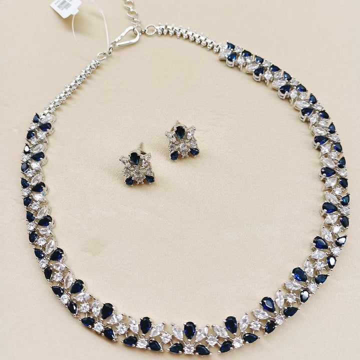  Elegant Silver Plated Brass Necklace With Blue Sapphire Stones 