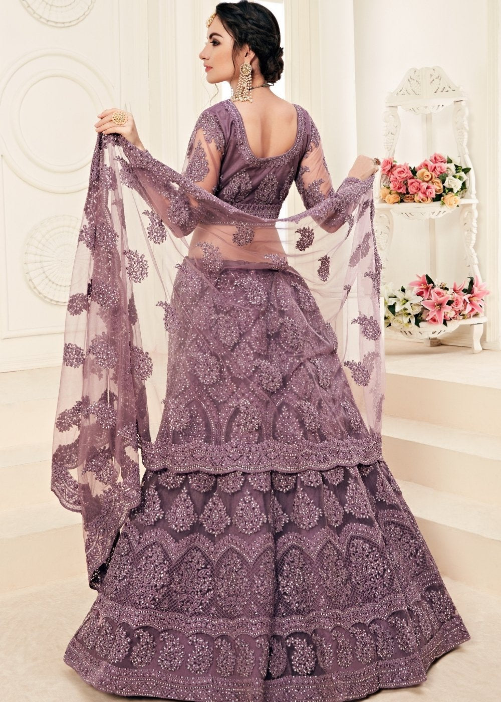 Rain Purple Soft Net Lehenga Choli with Cording Embroidery & Stonework | Ready To Wear - qivii