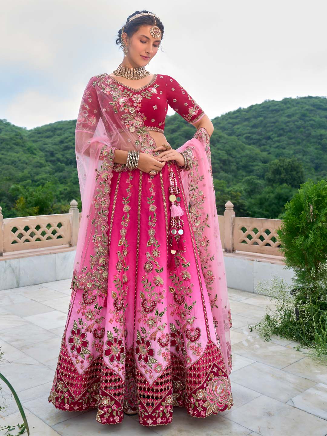 Pink-Rose Shade Cut-Work Silk Heavy Embroidered Zarkan Semi Stitched Lehenga Choli - qivii