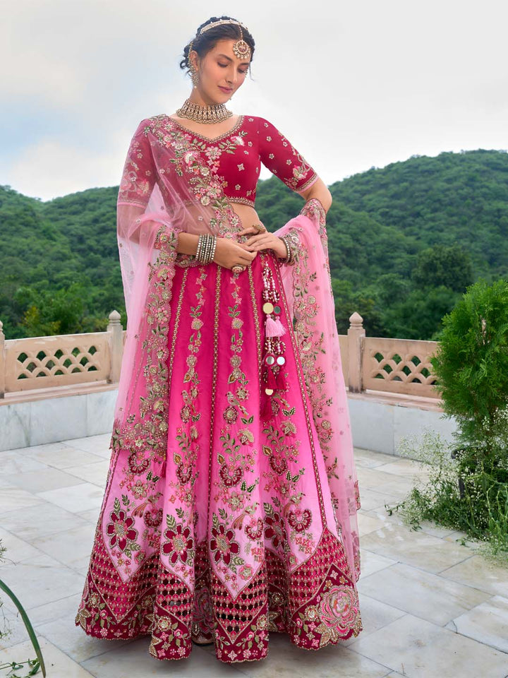 Pink-Rose Shade Cut-Work Silk Heavy Embroidered Zarkan Semi Stitched Lehenga Choli - qivii