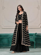 Black Chinon Indo-Western Set With Embroidery Work
