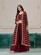 Maroon Chinon Indo-Western Set With Embroidery Work