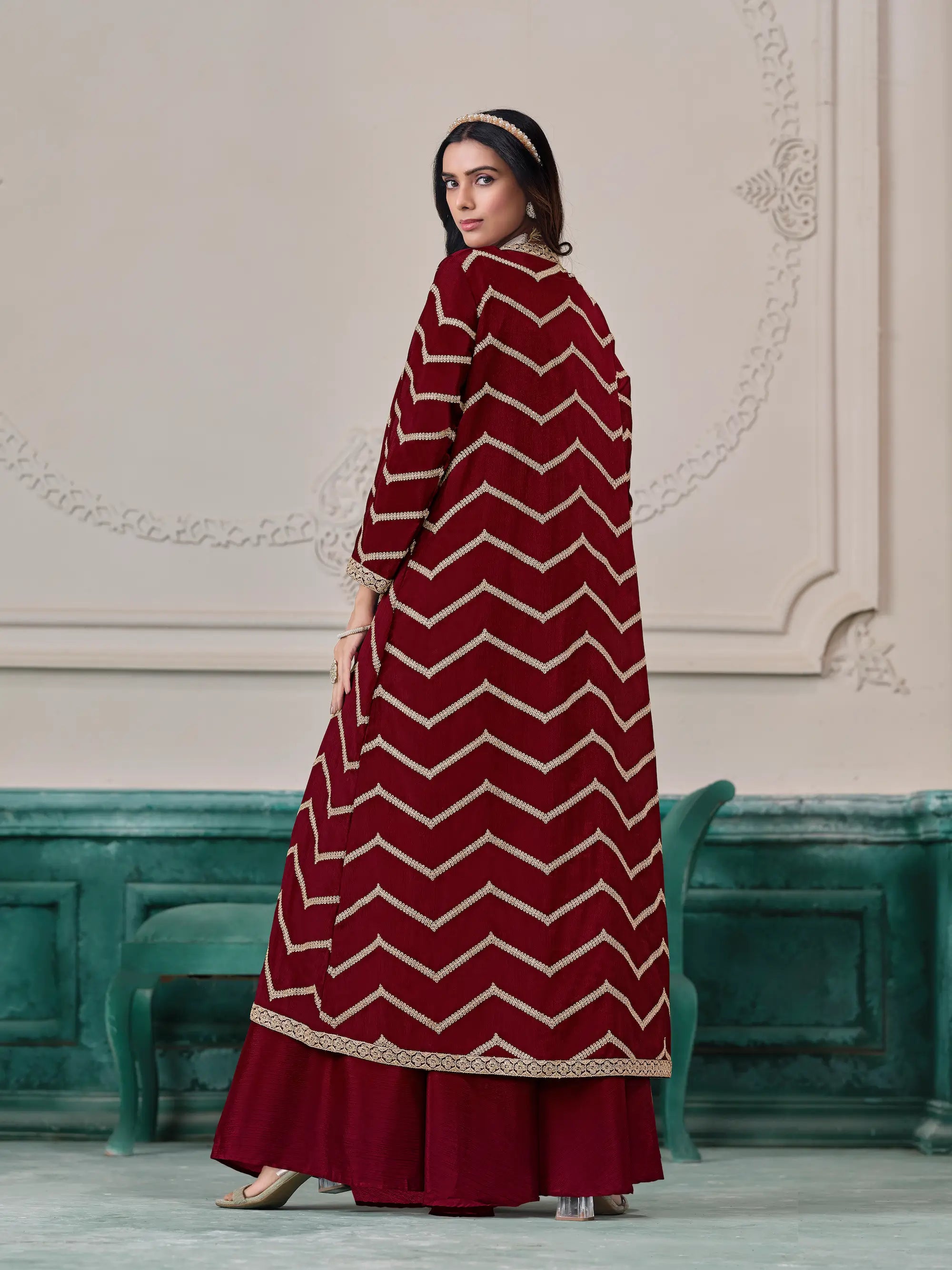 Maroon Chinon Indo-Western Set With Embroidery Work