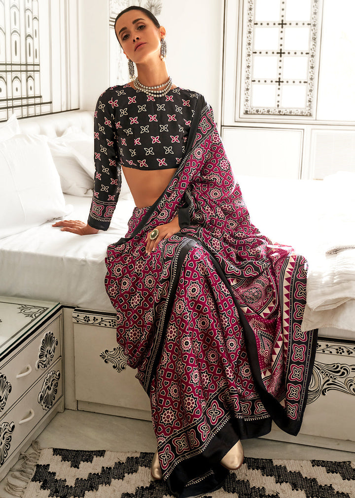 Cerise Pink Ajrakh Printed Satin Crepe Saree - qivii