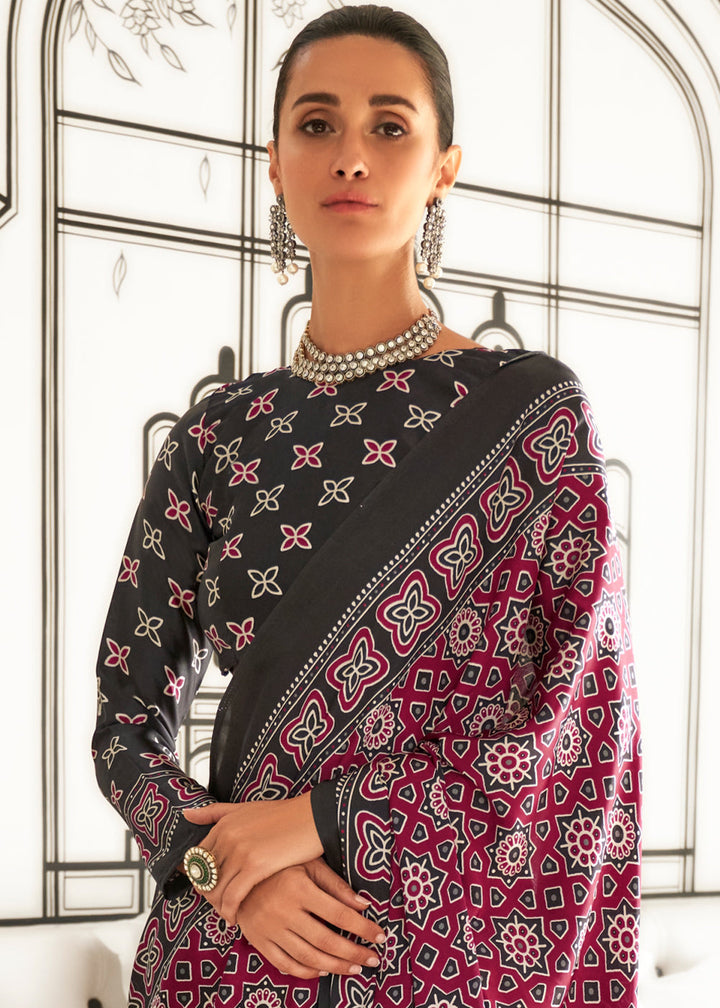 Cerise Pink Ajrakh Printed Satin Crepe Saree - qivii