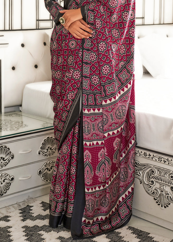Cerise Pink Ajrakh Printed Satin Crepe Saree - qivii