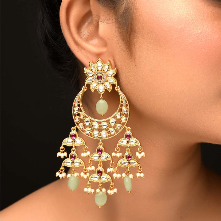Gold plated brass metal earrings with Kundan stones and pearls in rose pink and mint green
