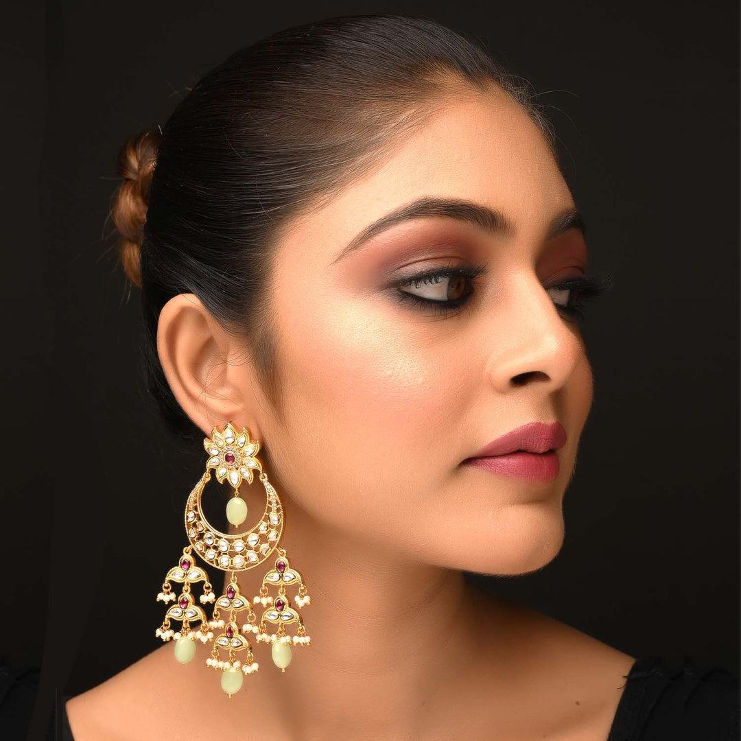 Beautiful traditional Kundan and stones chaandbaalis earrings with mint green oval stones hangings and small pearl beads in rose pink and mint green