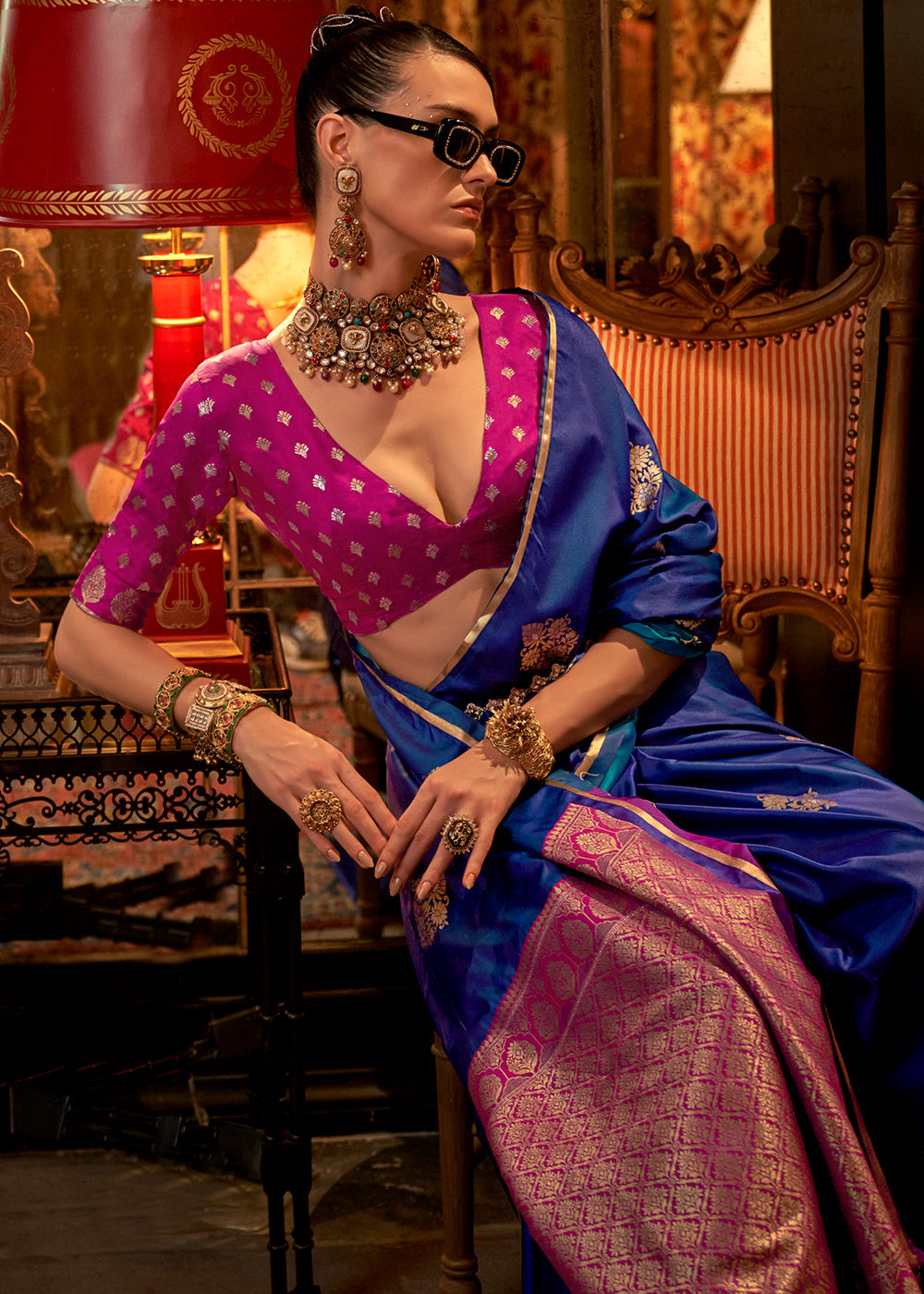 Azure Blue Two Tone Satin Silk Saree with Contrast Pallu & Blouse - qivii