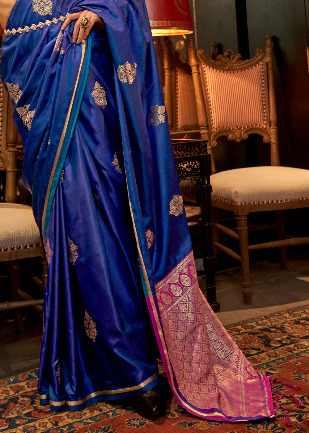 Azure Blue Two Tone Satin Silk Saree with Contrast Pallu & Blouse - qivii