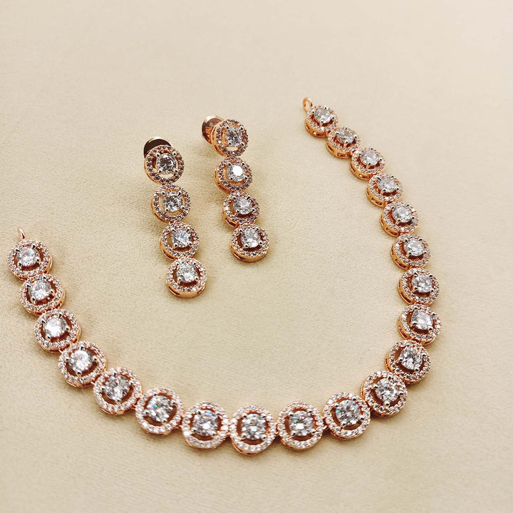 Jasmin Diamond Neck Line Rose Plated Necklace Set - qivii