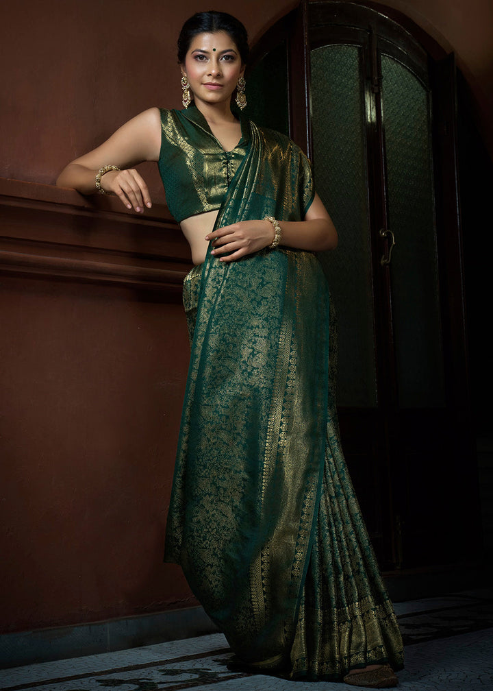 Sacramento Green & Golden Blend Woven Kanjivaram Silk Saree - qivii