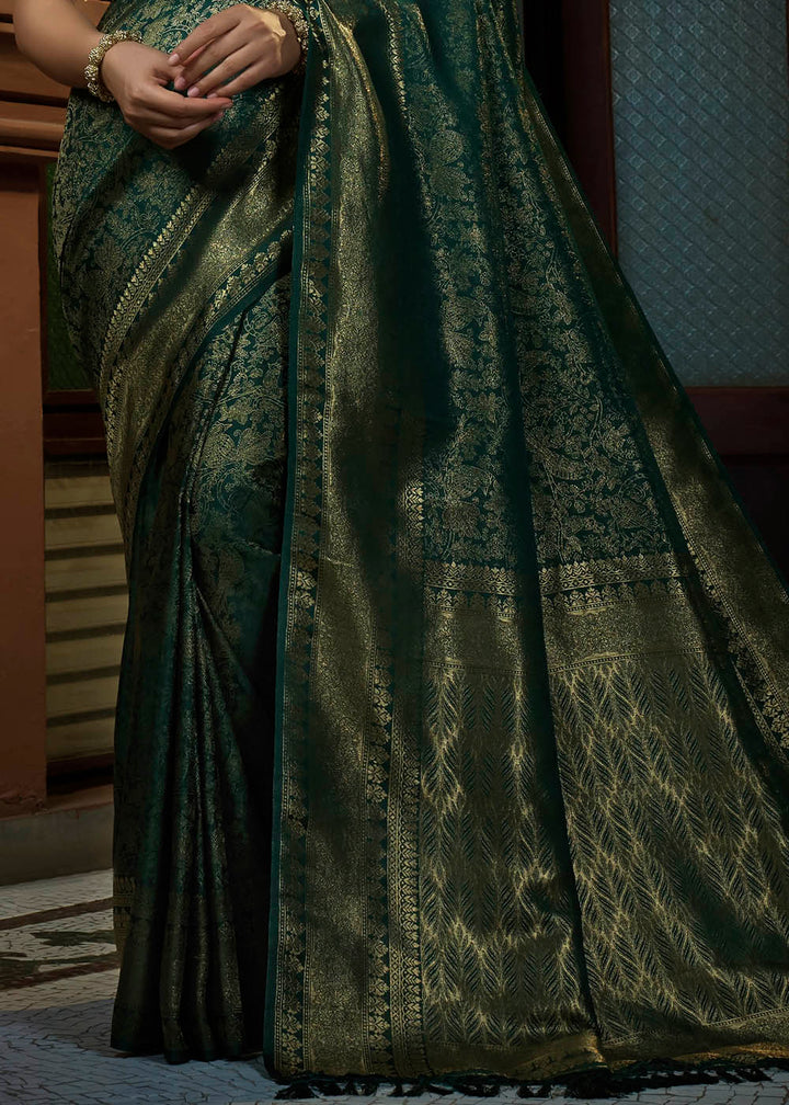 Sacramento Green & Golden Blend Woven Kanjivaram Silk Saree - qivii