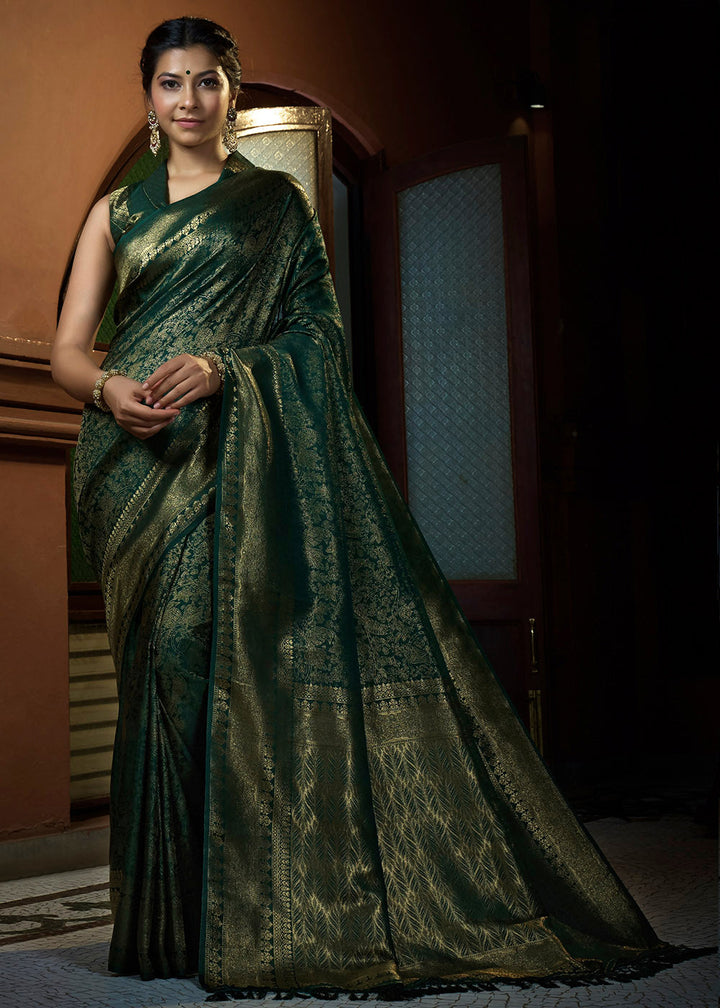 Sacramento Green & Golden Blend Woven Kanjivaram Silk Saree - qivii