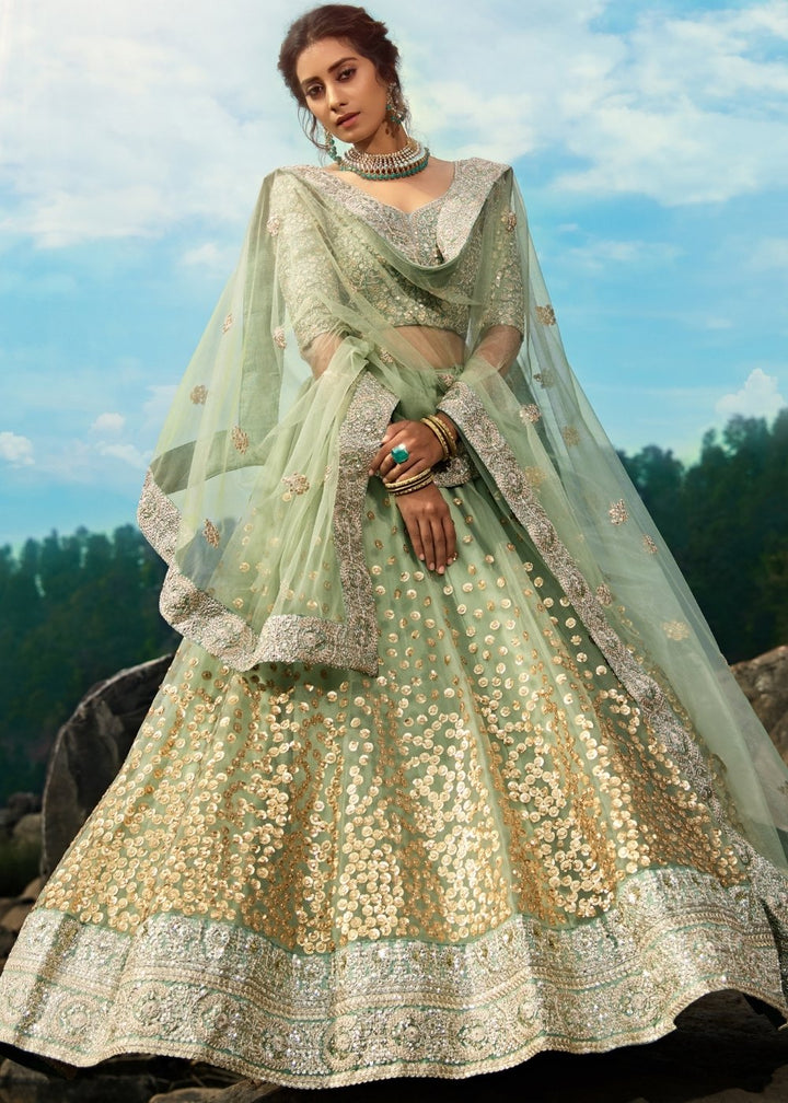 Emerald Green Designer Soft Net Lehenga Choli with Sequins & Dori work | Ready To Wear - qivii
