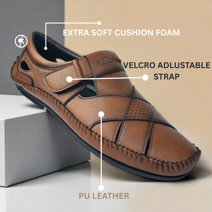 P&G N1401 Men's TAN Slipon Sandal Extra Soft Sandal/Mojri/Ethnic Wear Leather With Adjustable Strap/Navratri Fashion Footwear. - qivii