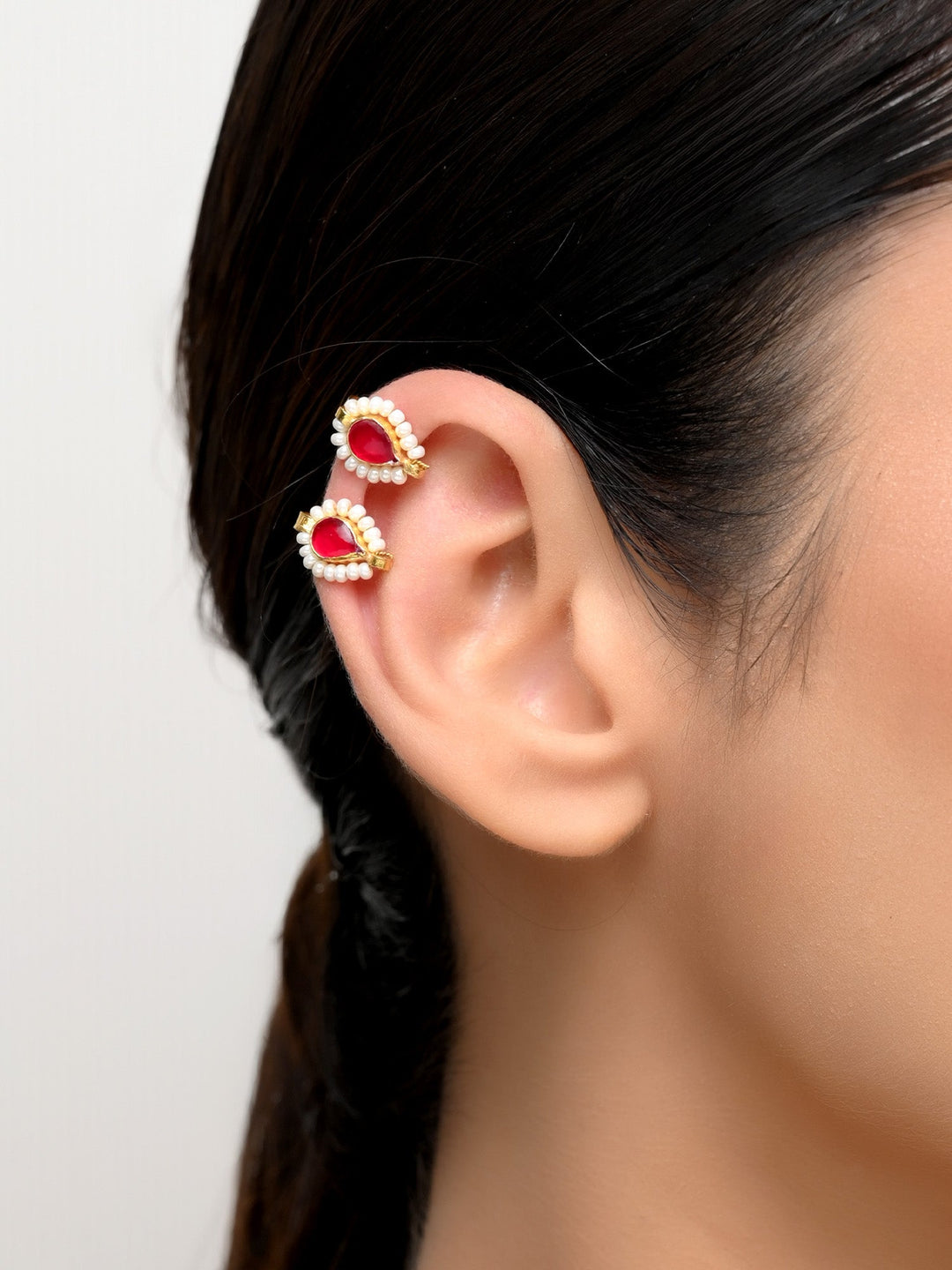 Kai Small Size Ruby Kundan Ear Cuff [4 Piece] - qivii