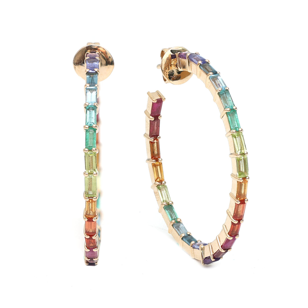 Rainbow Gemstone Baguette Thin Hoops - qivii