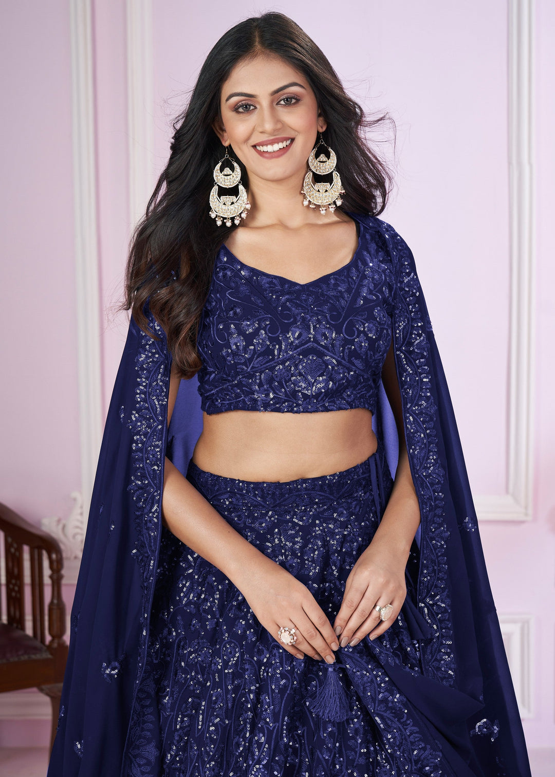 Dark Blue Georgette Lehenga Choli With Sequins And Thread Embroidery Work | Ready To Wear - qivii
