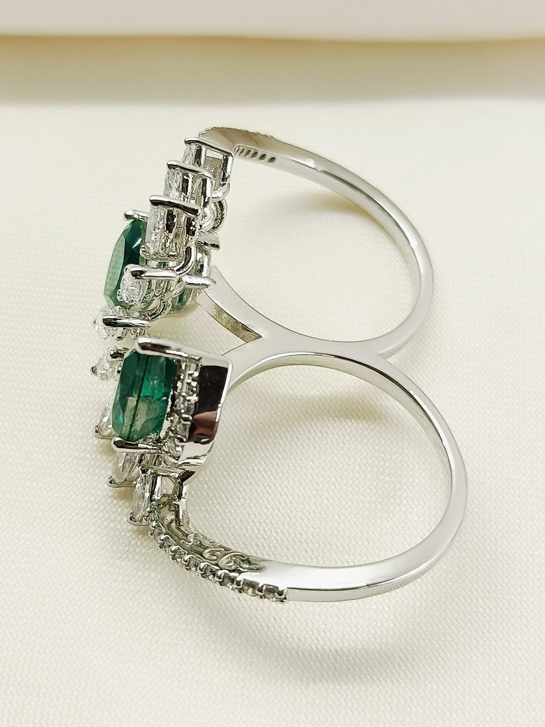 Estelle Green 92.5 Silver American Diamond Double Finger Ring - qivii