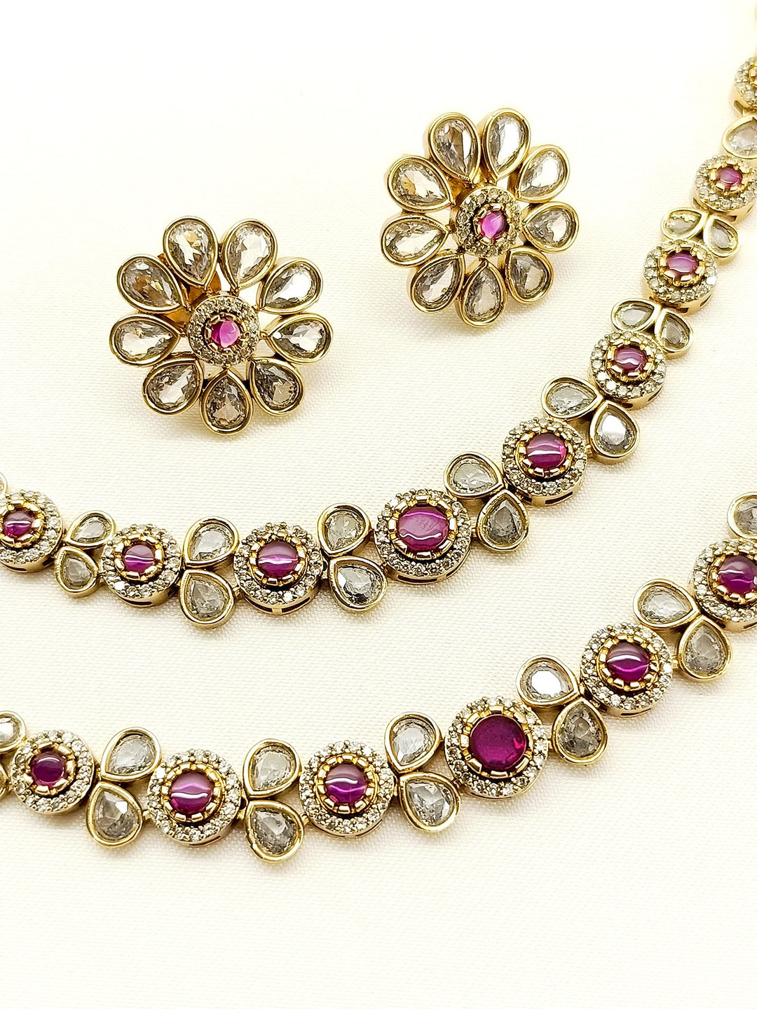 Laina Ruby Double layered Polki Necklace Set - qivii