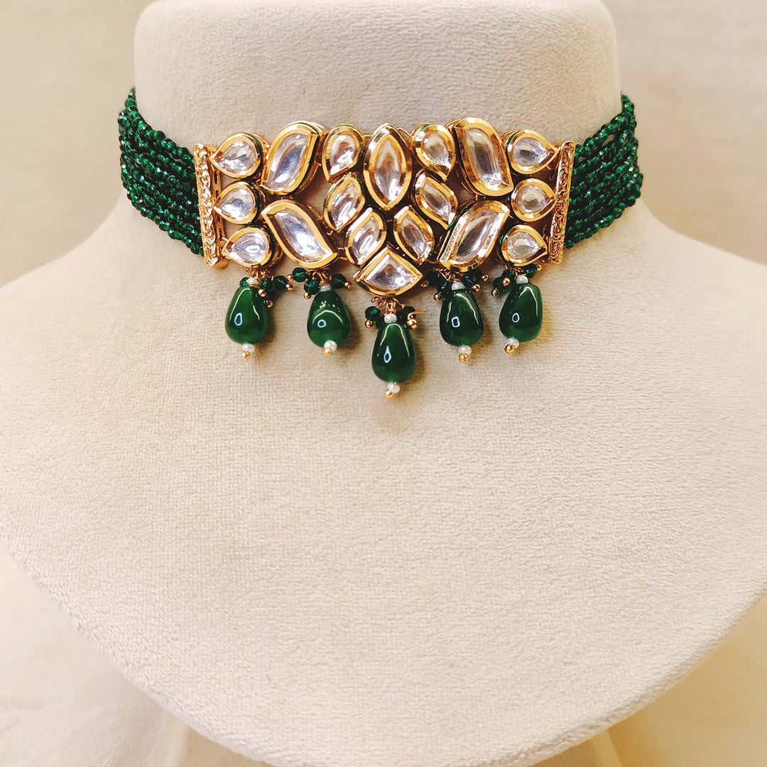 Gorgeous Kundan Choker Adorned with Green Beads and Hanging Green Ornaments