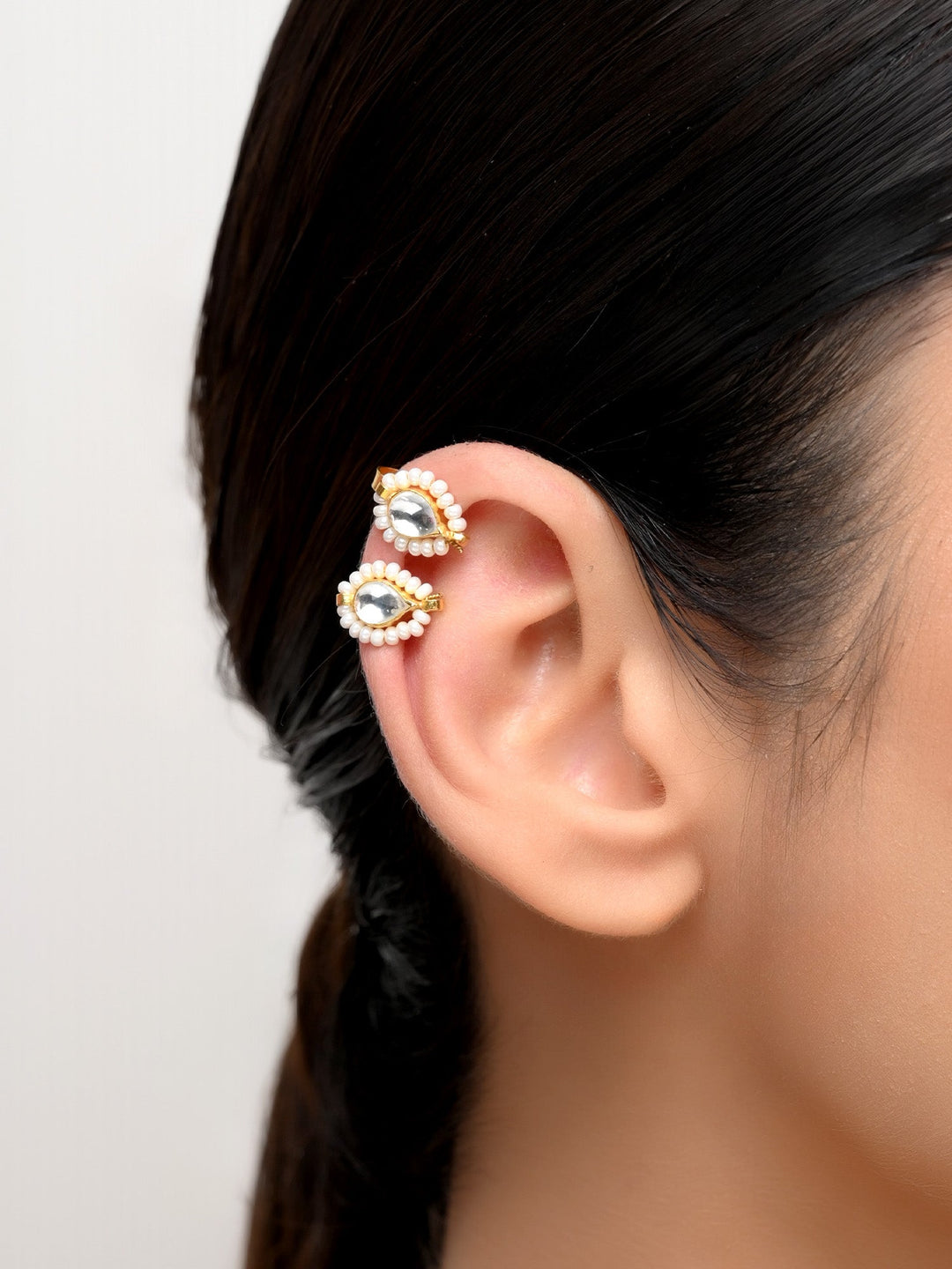 Sai Small Size White Kundan Ear Cuff [4 Piece] - qivii
