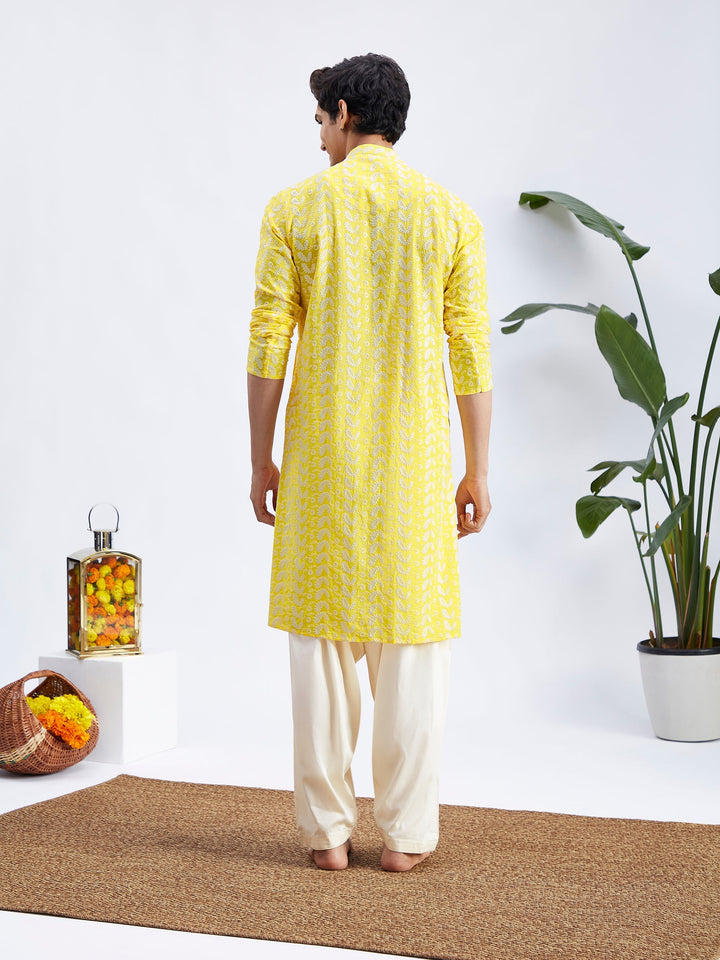 Men's Mustard Pure Cotton Chikankari Kurta With Patiala Set