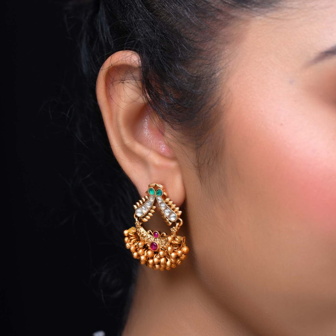 Adrika Rose Pink & Green Stone Temple Work Gold Plated Antique Set with traditional real look alike golden texture and pearl work kundan stone necklace